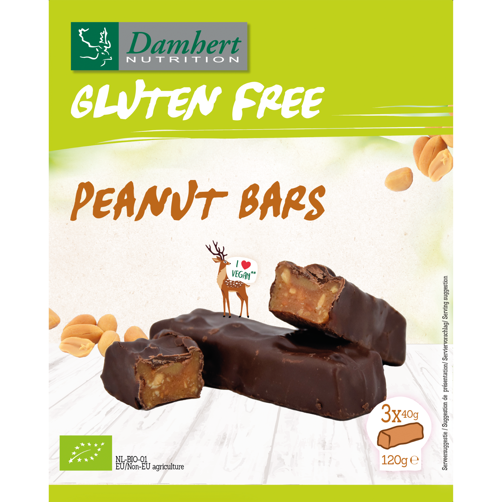 Damhert gluten-free organic peanut bars snack, 120 grams, showing the bars with peanuts and packaging details.