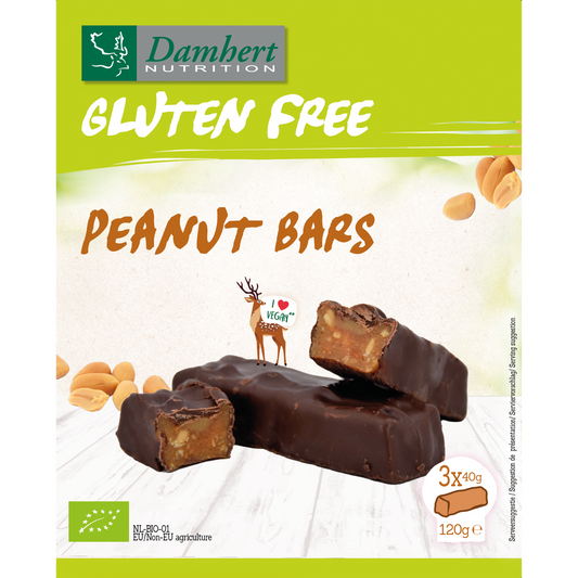 Damhert gluten-free organic peanut bars snack, 120 grams, showing the bars with peanuts and packaging details.