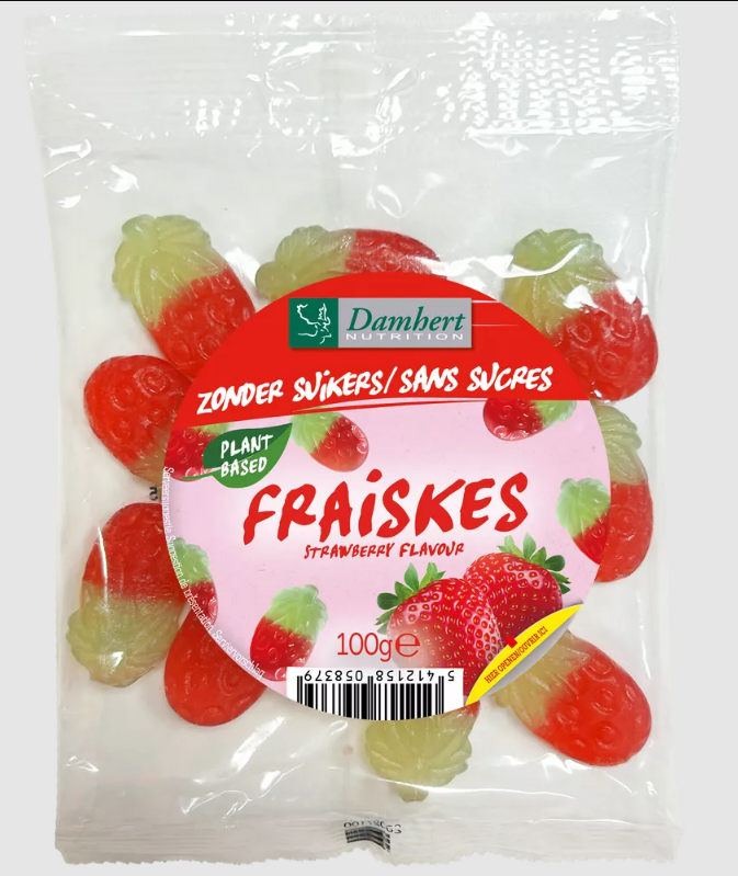 Damhert Fraiskes strawberry sugar-free candy in 100g package, colorful chewy fruit sweets with strawberry flavor.