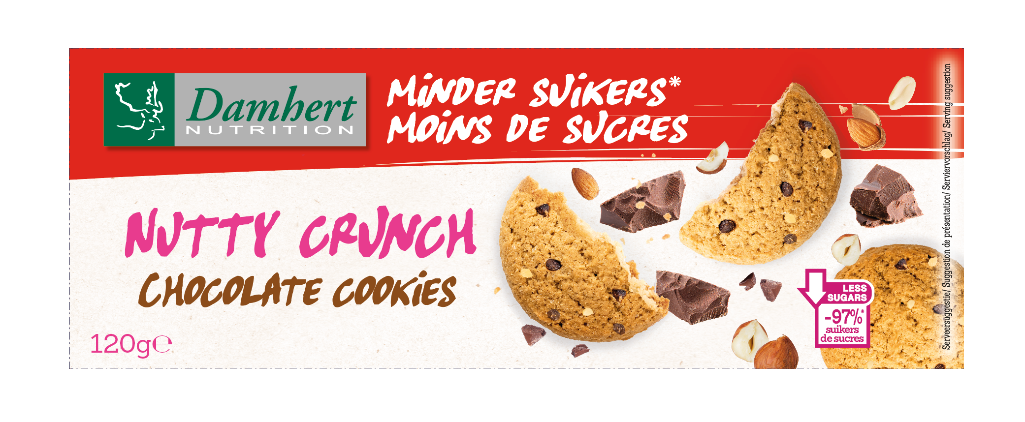 Damhert Nutty Crunch Chocolate Cookies 120g, showcasing golden-brown cookies with chocolate and nut bits on top.