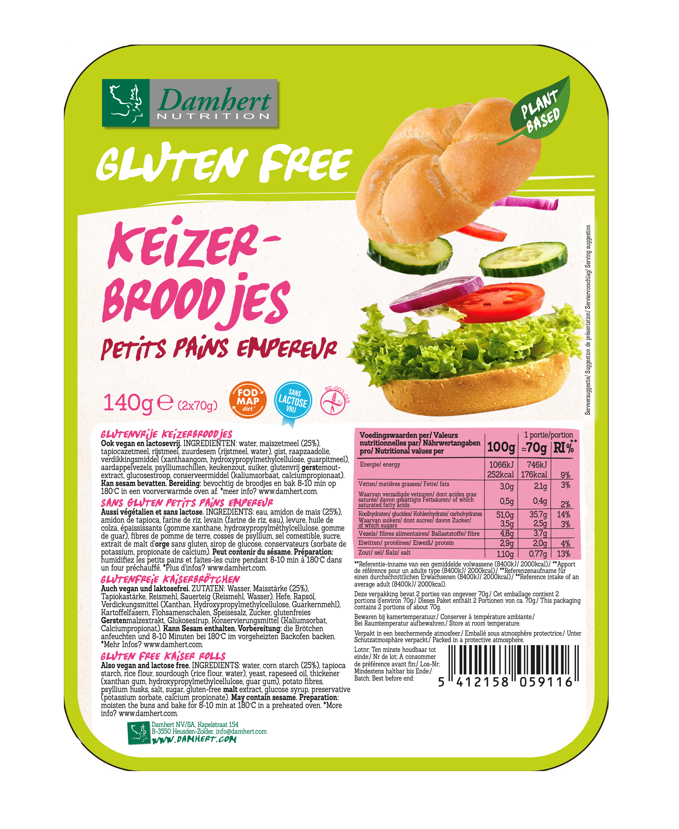 Damhert Keizerbroodje glutenvrij cracker, 140g, gluten-free bread product with crispy texture and golden-brown crust.