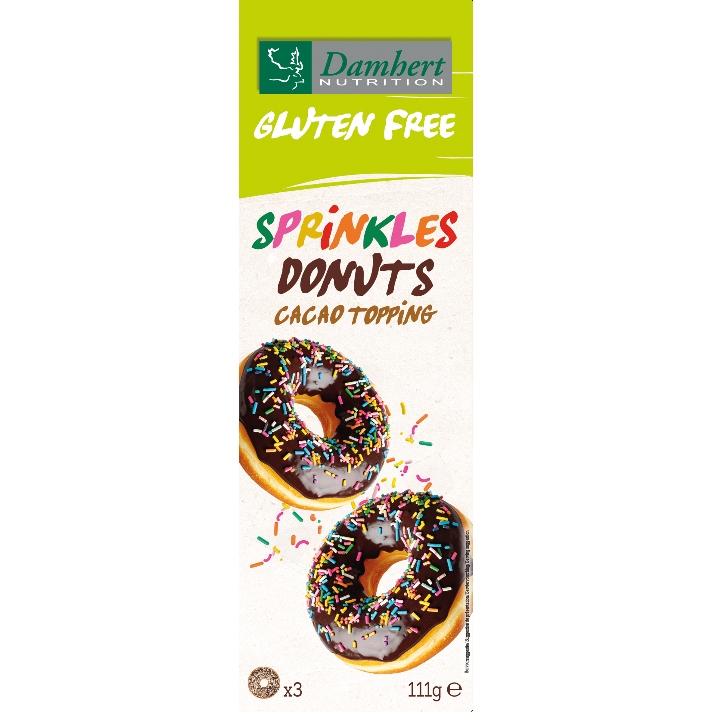 Damhert gluten-free donut cookies with colorful sprinkles, 111 grams, showing a close-up of decorated koeken.