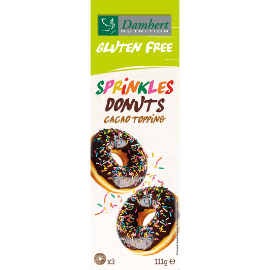Damhert gluten-free donut cookies with colorful sprinkles, 111 grams, showing a close-up of decorated koeken.