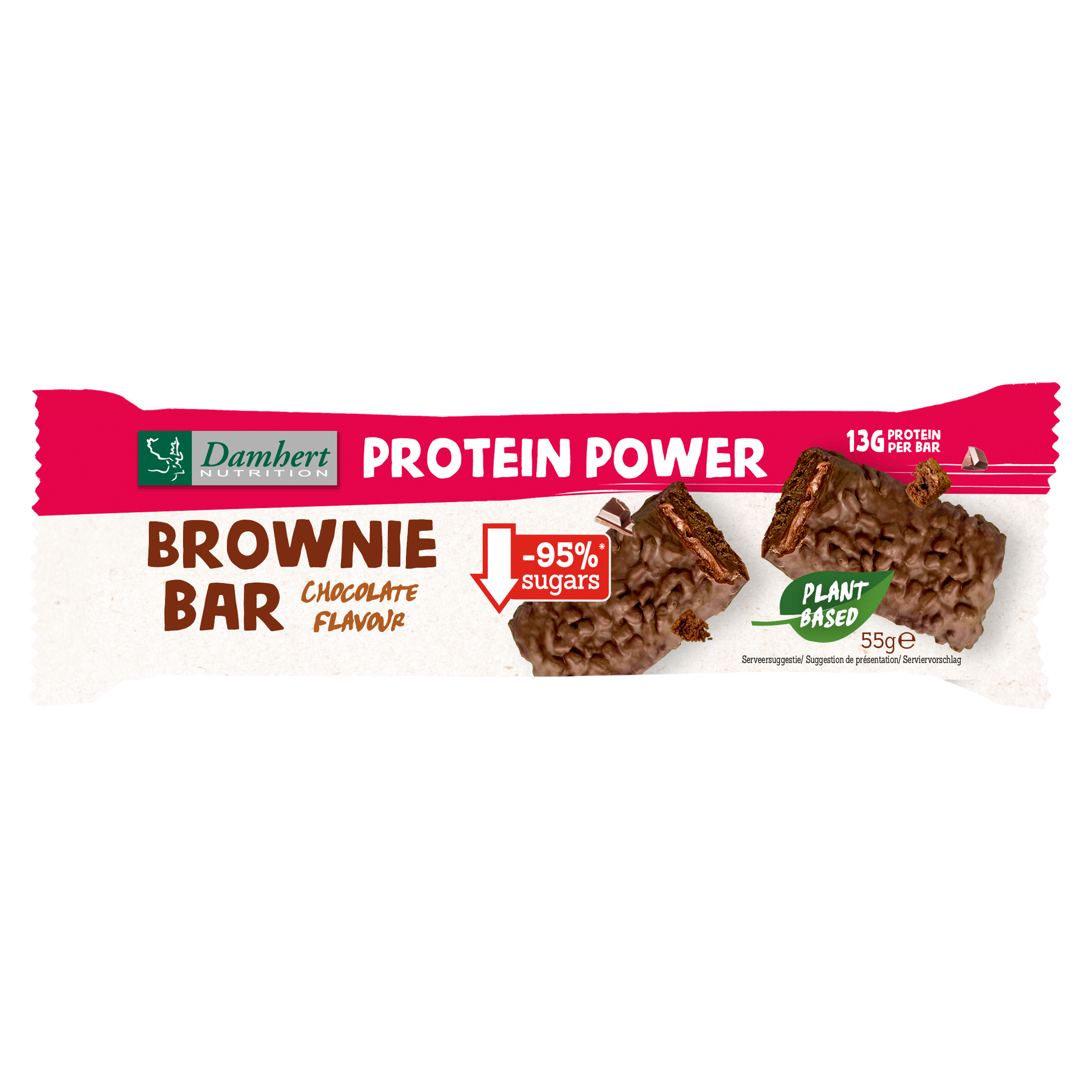 Damhert gluten-free protein brownie bar, 55g, sportvoeding with rich chocolate appearance and packaging label.