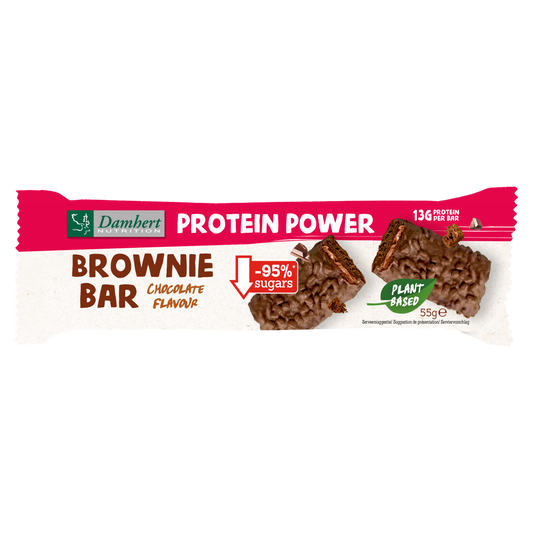 Damhert gluten-free protein brownie bar, 55g, sportvoeding with rich chocolate appearance and packaging label.