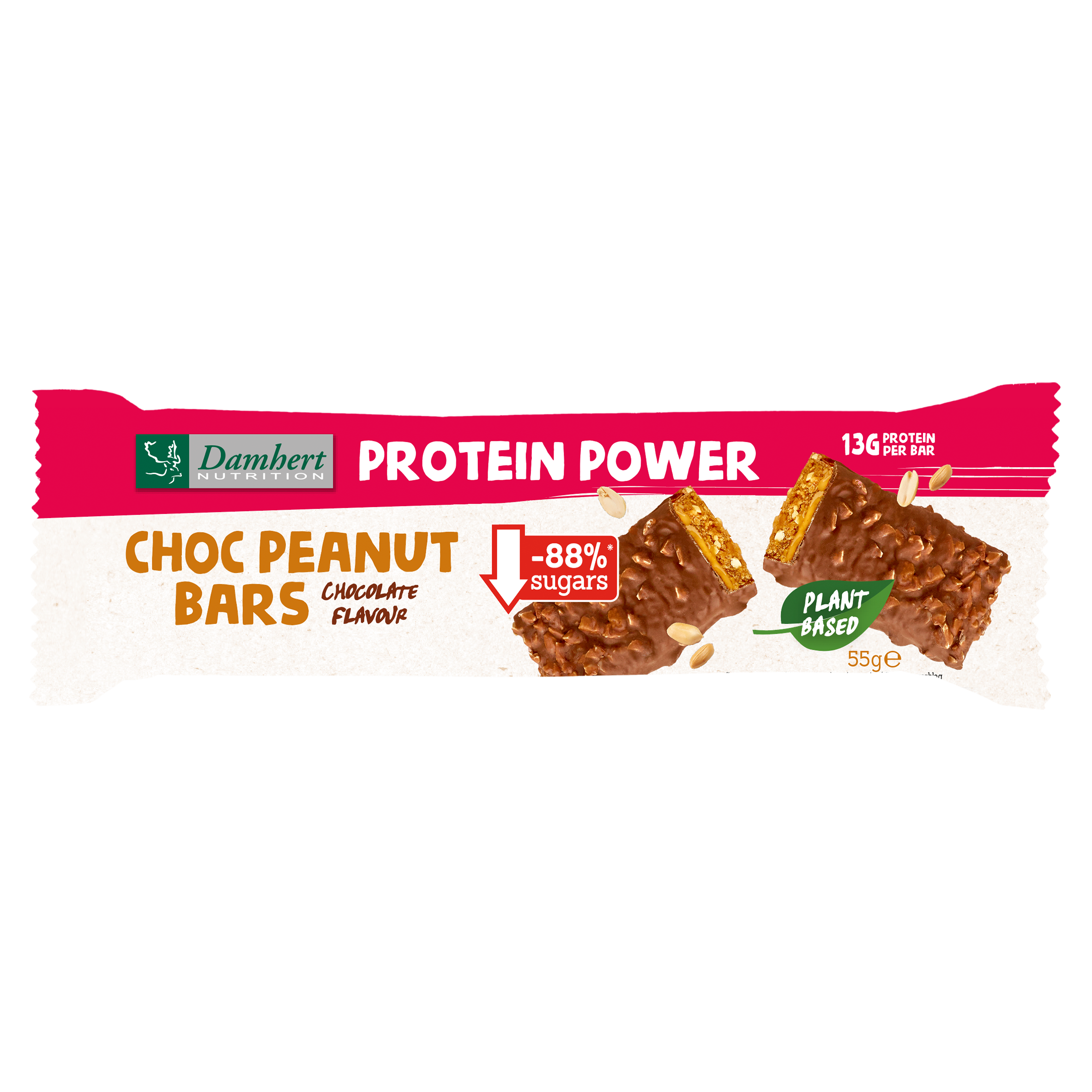 Damhert gluten-free chocolate protein peanut bar, 55g, showing the chocolate-coated snack with peanut filling.