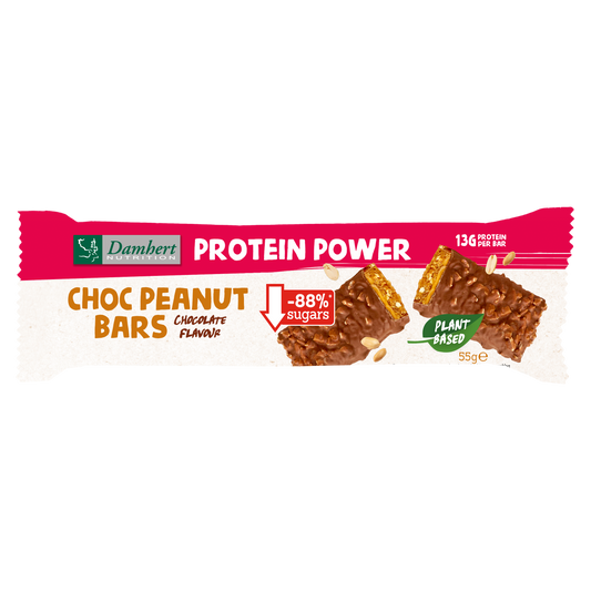 Damhert gluten-free chocolate protein peanut bar, 55g, showing the chocolate-coated snack with peanut filling.