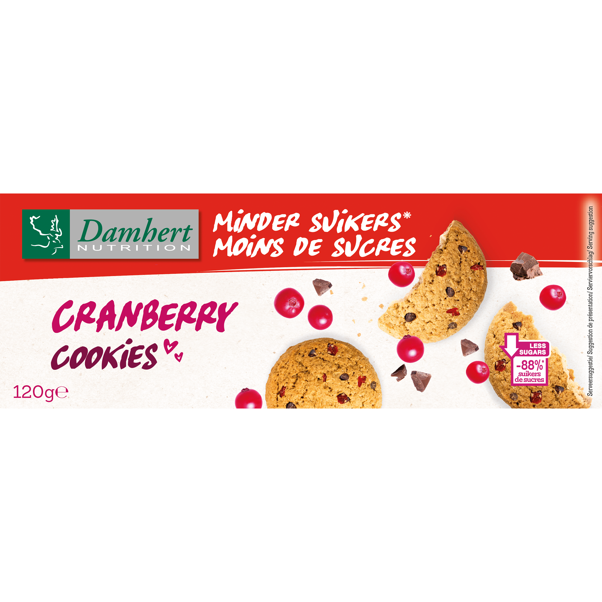 Damhert Cranberry cookies with less sugar in a 120g package, featuring fresh cranberries and golden-brown baked koeken.