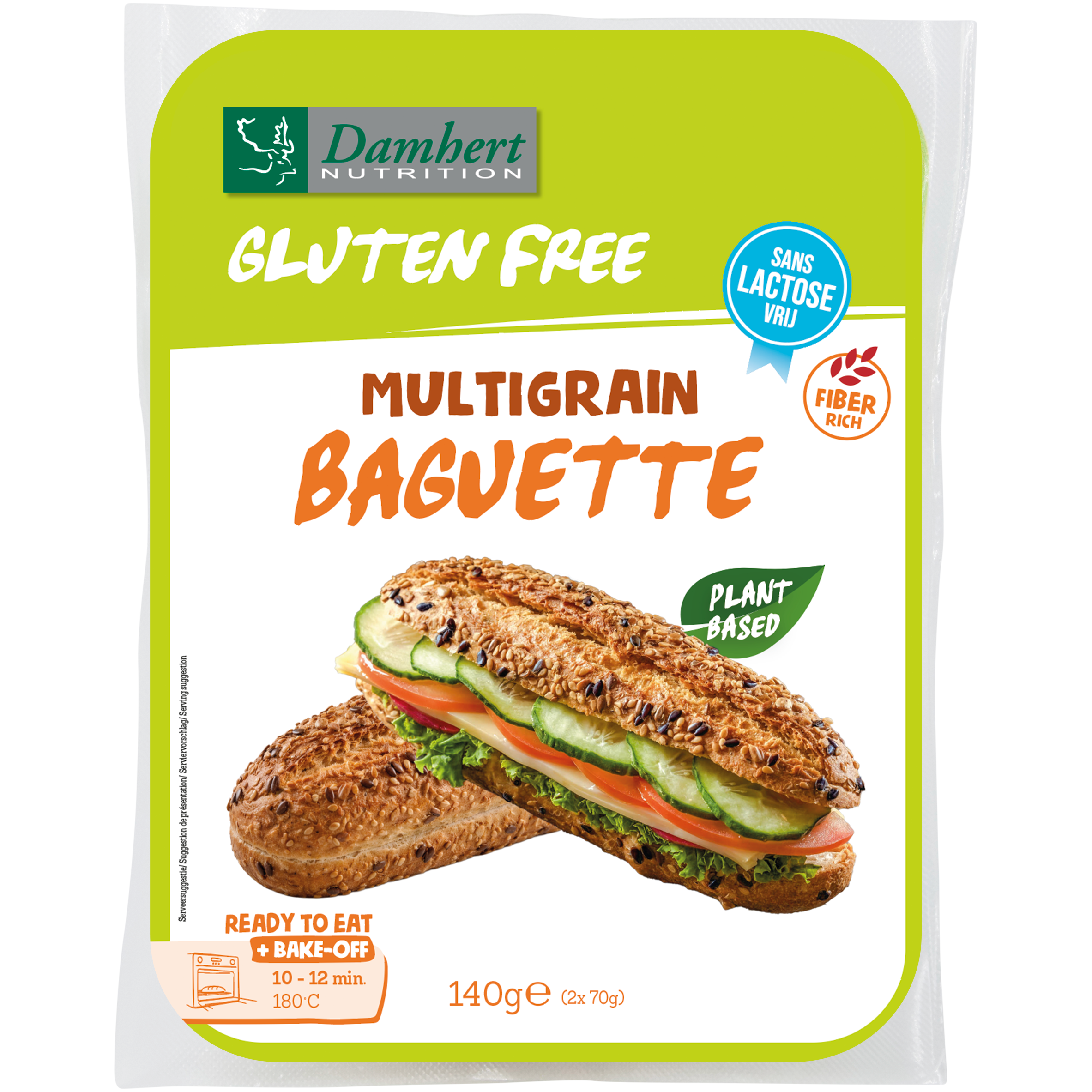Damhert glutenvrije multigrain baguette, 140g, shown sliced with visible multigrain seeds on a white background.