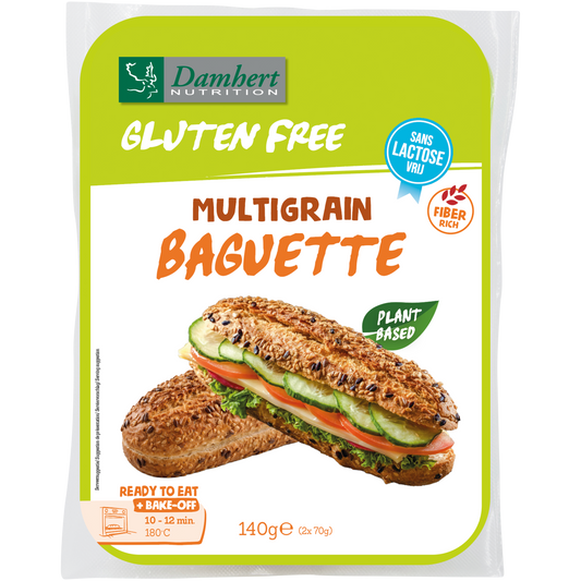 Damhert glutenvrije multigrain baguette, 140g, shown sliced with visible multigrain seeds on a white background.