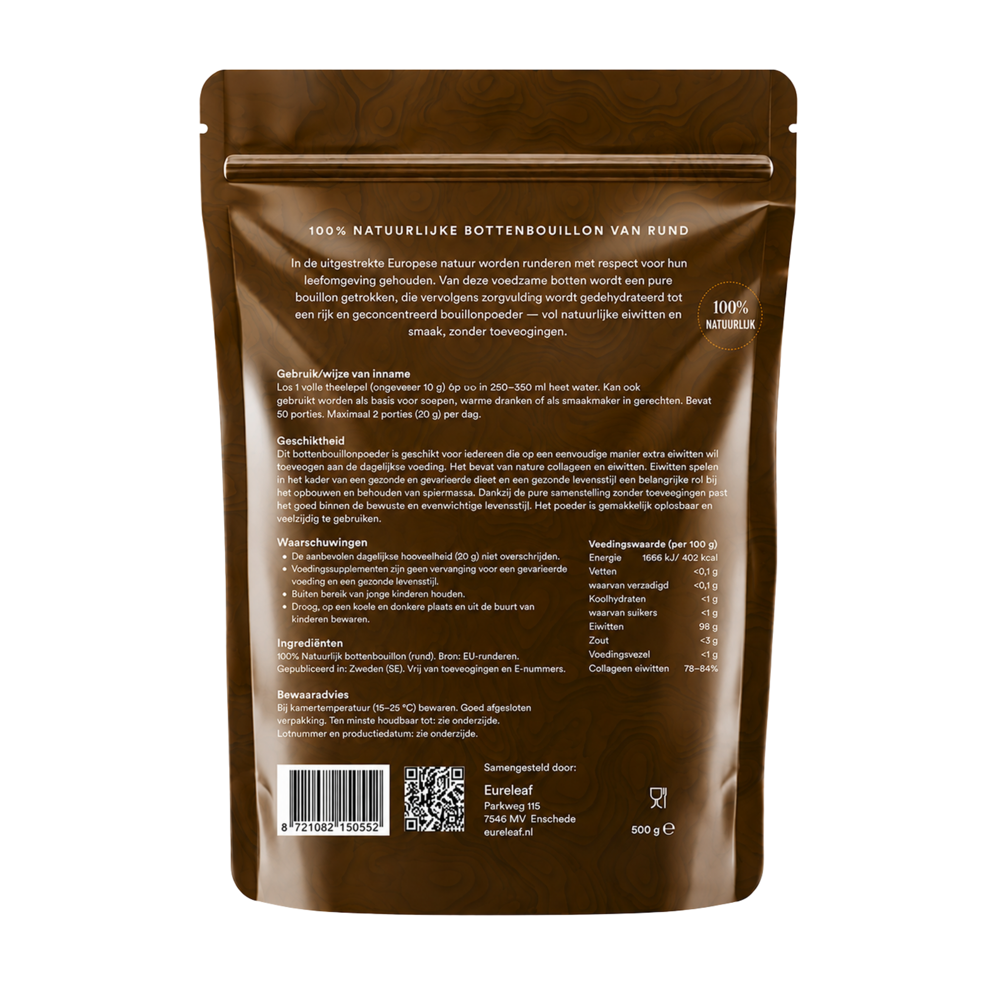 Elements Bottenbouillon Poeder 500g amino acid powder in a clear container, showing the yellowish powder inside.