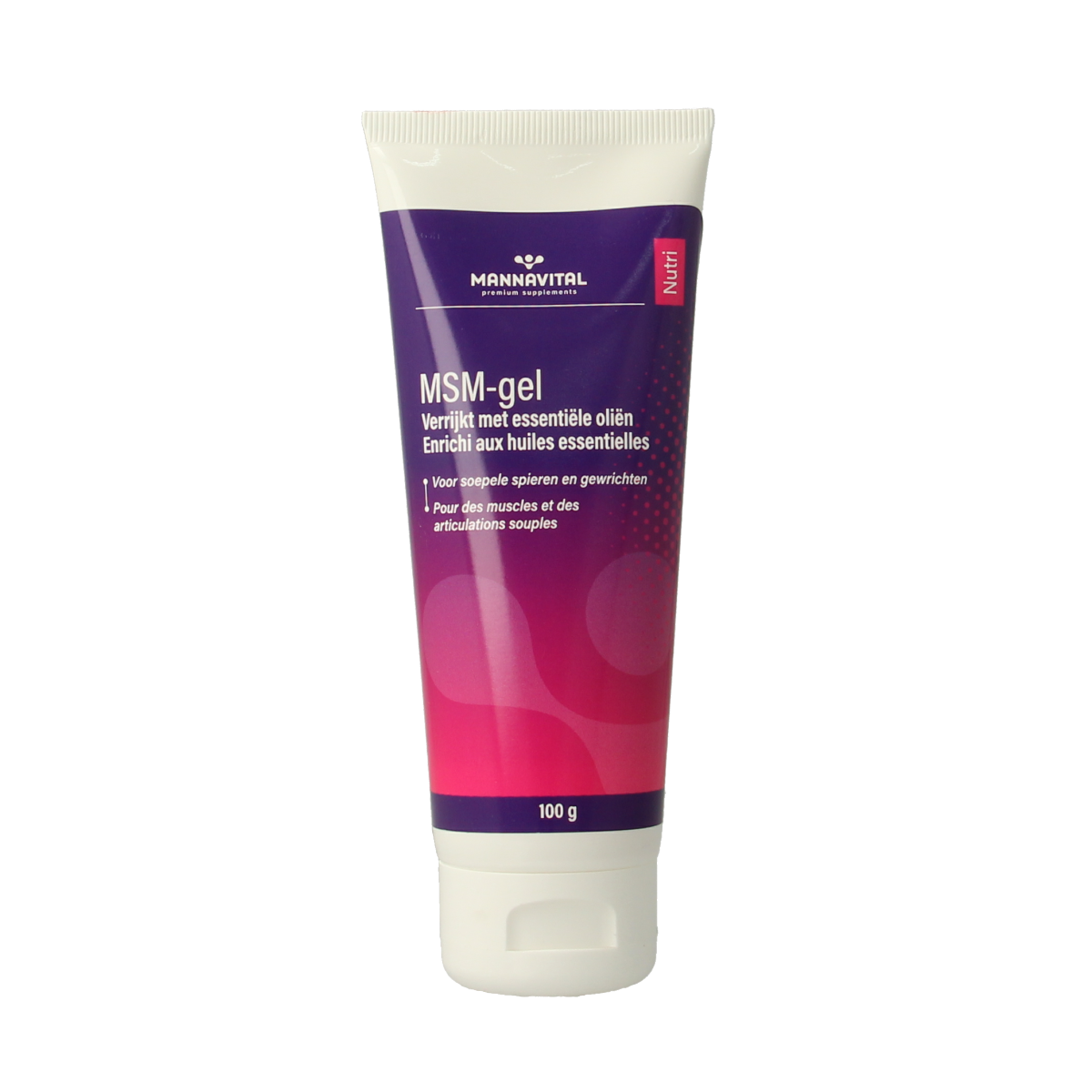 Mannavital MSM gel in 100g tube, a body care product showing the gel's texture and packaging for skin wellness.