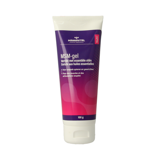 Mannavital MSM gel in 100g tube, a body care product showing the gel's texture and packaging for skin wellness.