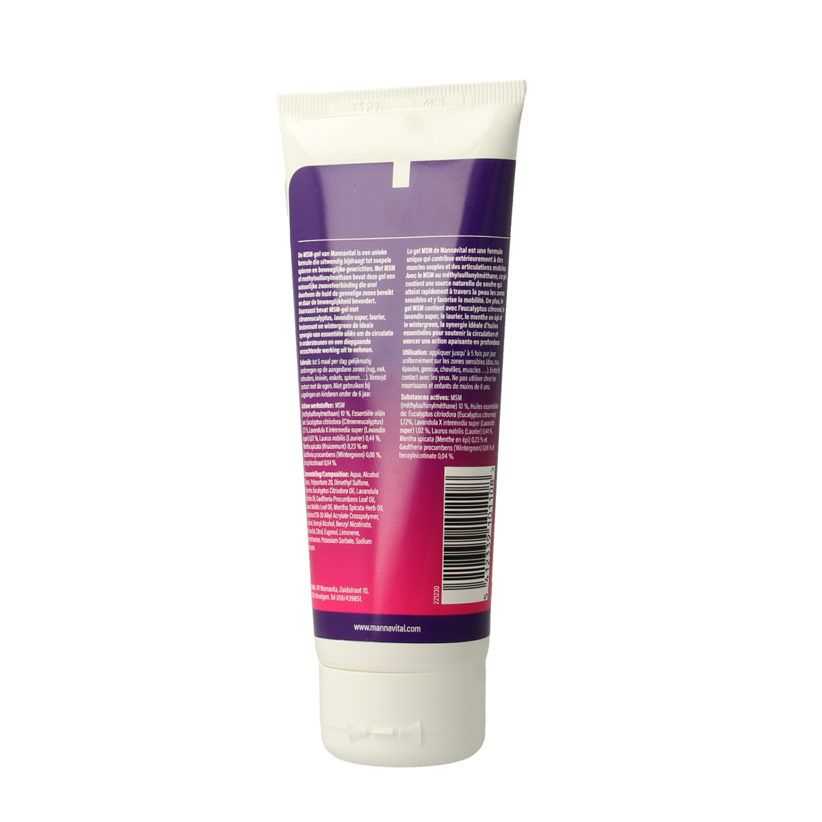 Mannavital MSM gel 100g for body care, featuring a tube with the product name and brand, suitable for skin and joint health.