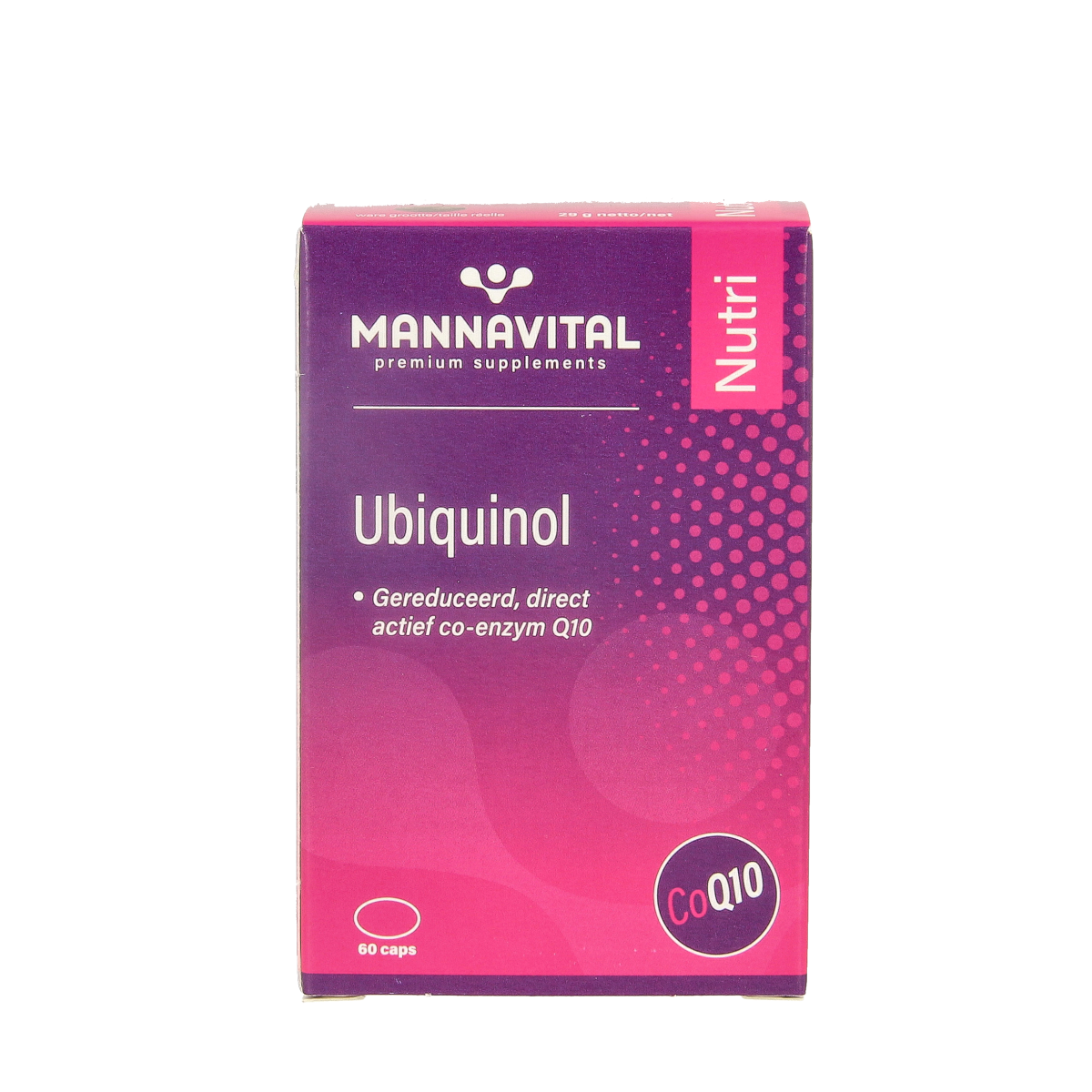 Mannavital Ubiquinol Co-enzym Q10 multivitamin capsules, 60 count, in a clear bottle with a white label.