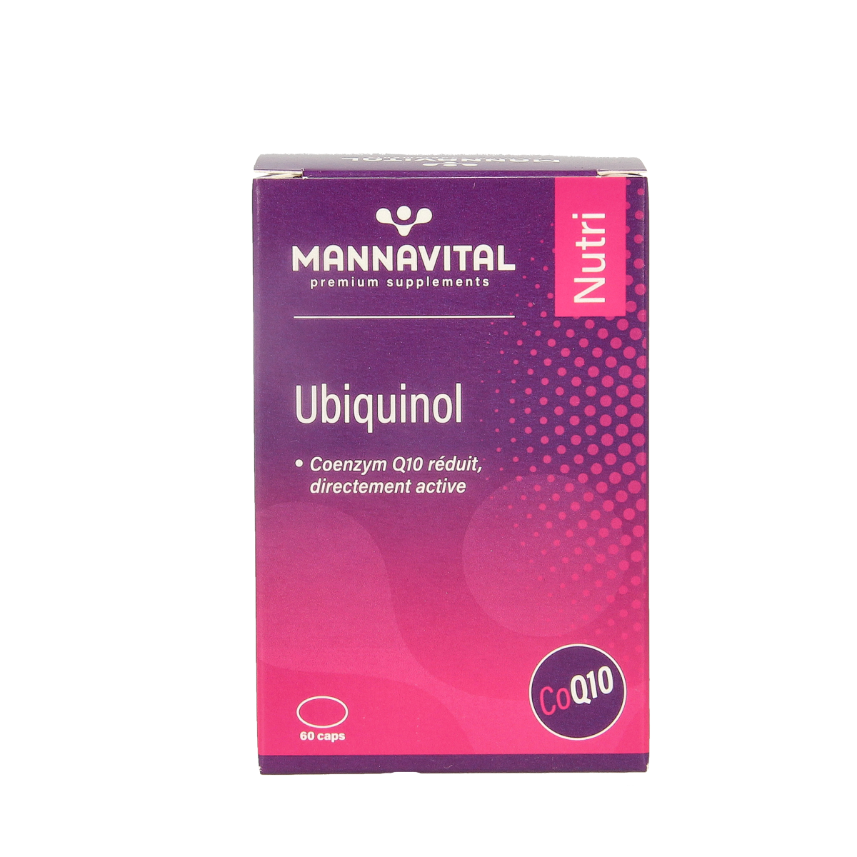 Mannavital Ubiquinol Coenzyme Q10 capsules, dietary supplement, 60-count, for energy support and antioxidant health.