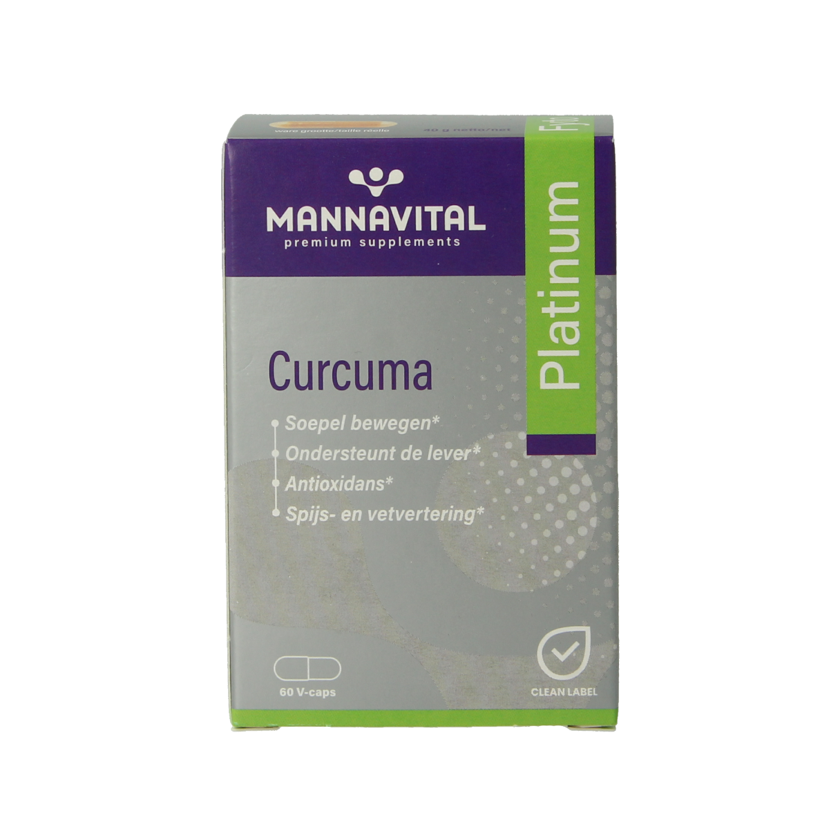 Mannavital Curcuma Platinum vegetarian capsules, herbal supplement with turmeric, in a clear bottle with capsules inside.
