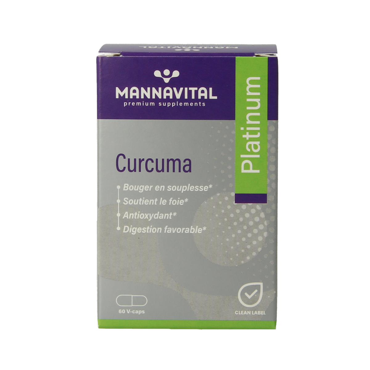 Mannavital Curcuma Platinum vegetarian capsules, herbal supplement in a clear bottle with a white cap and label.