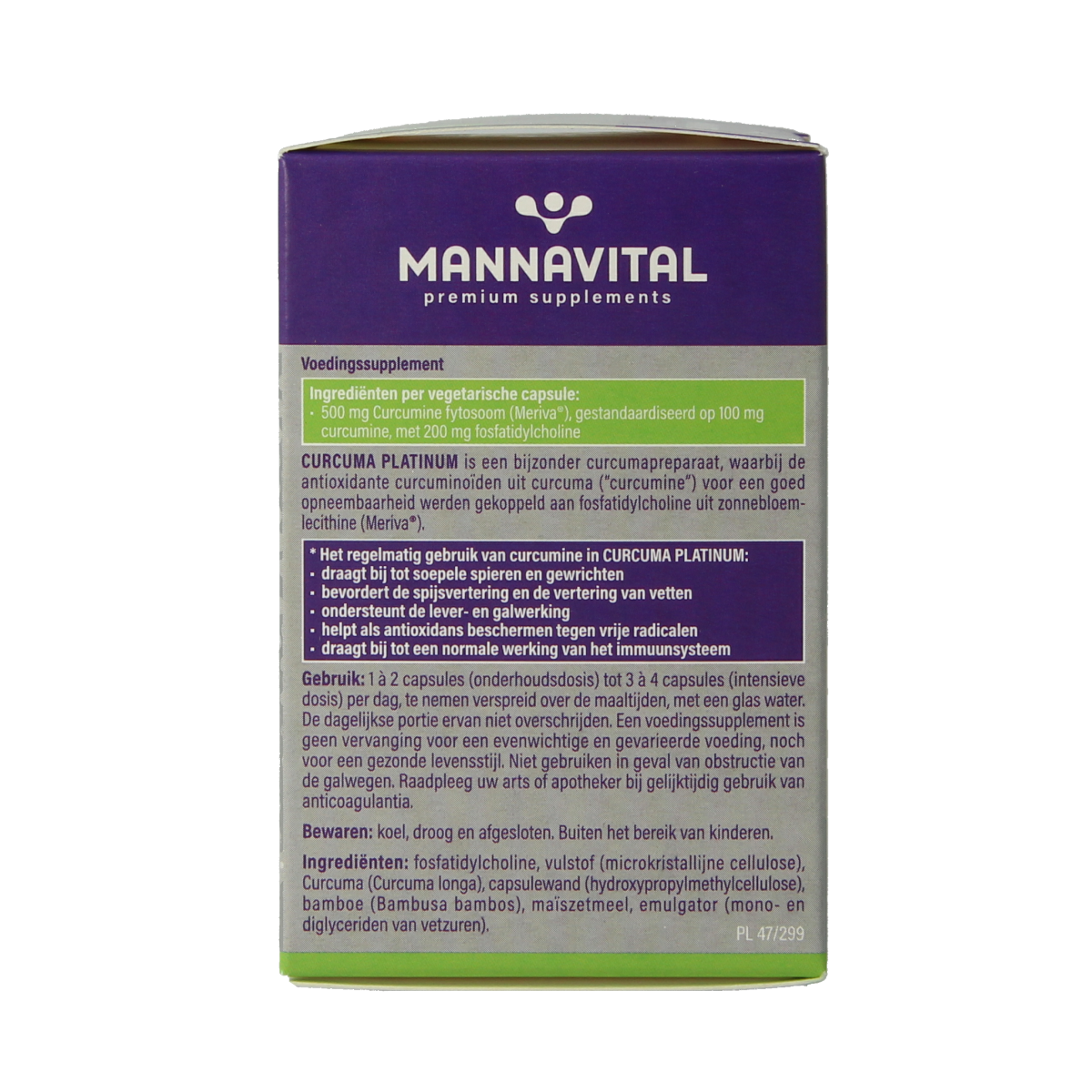 Mannavital Curcuma Platinum vegetarian capsules, herbal supplement in a bottle with capsules visible inside.