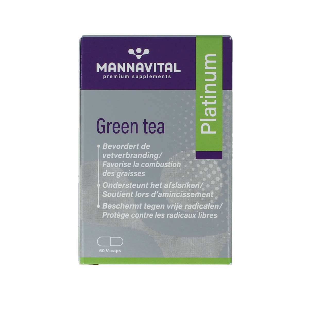 Mannavital Green Tea Platinum vegetarian capsules, herbal supplement with green tea extract, in a bottle with capsules visible inside.
