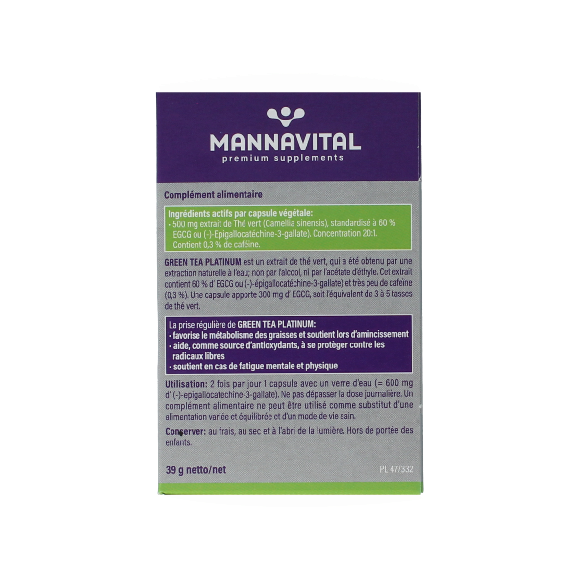 Mannavital Green Tea Platinum vegetarian capsules in a bottle, herbal supplement for health and wellness.