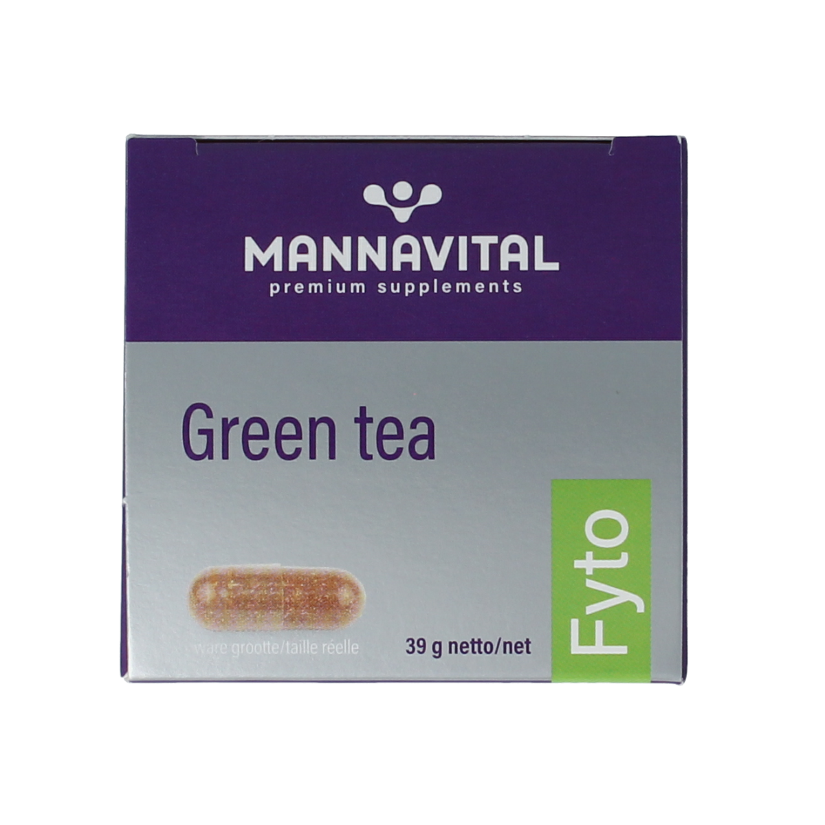 Mannavital Green Tea Platinum vegetarian capsules, herbal supplement in a white bottle with green label, showing capsules inside.