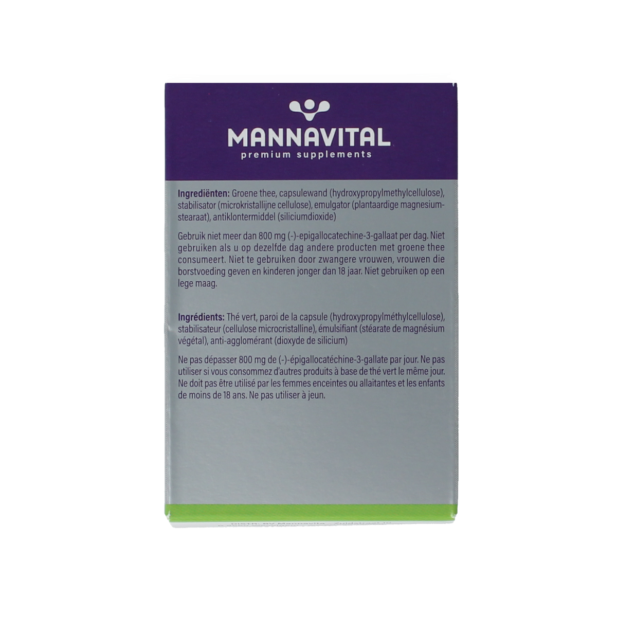 Mannavital Green Tea Platinum vegetarian capsules, herbal supplement container with green tea capsules inside.
