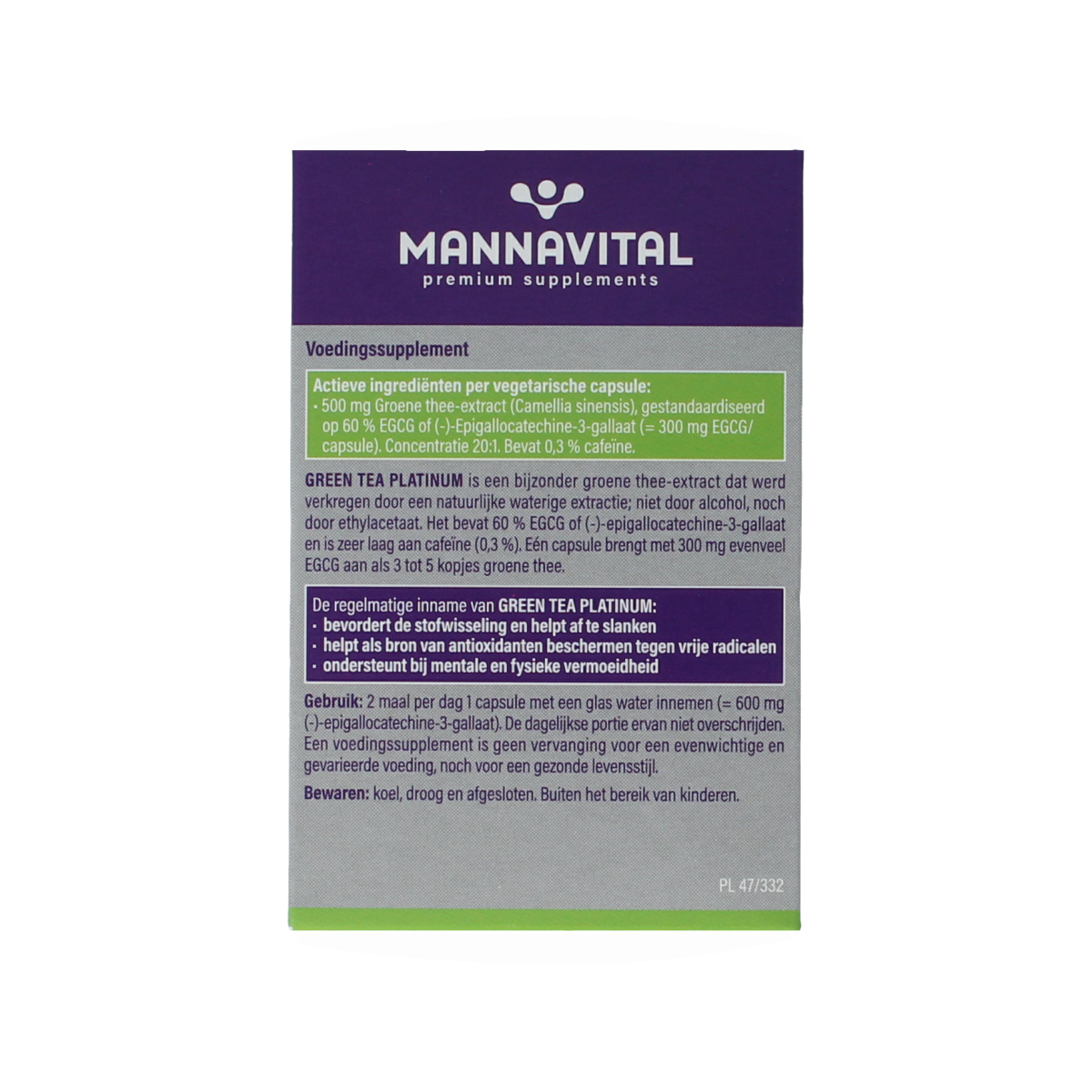 Mannavital Green Tea Platinum vegetarian capsules, herbal supplement, green tea extract, 60 capsules in bottle.