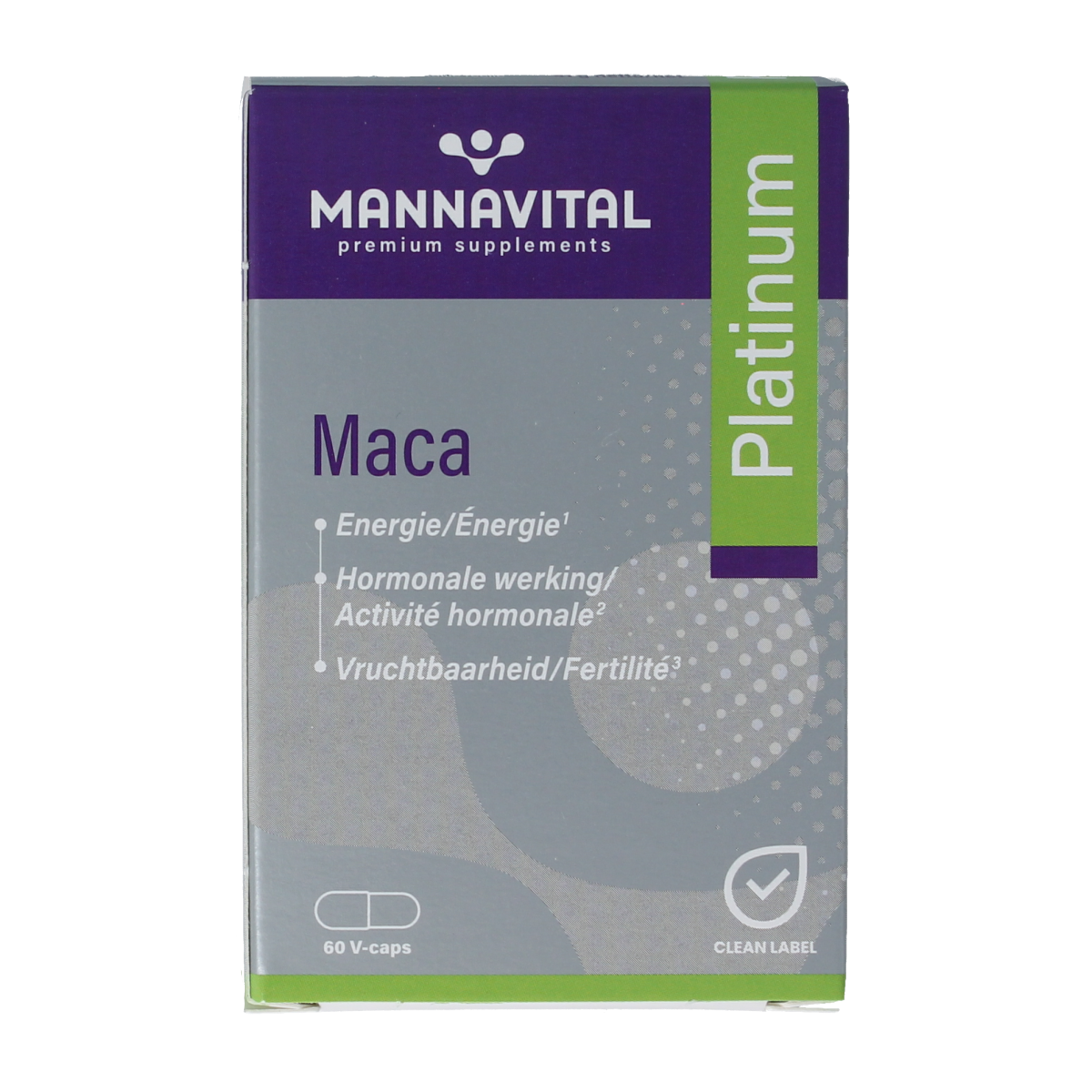 Mannavital Maca Platinum vegetarian capsules, herbal supplement, shown in clear bottle with label, on a white background.