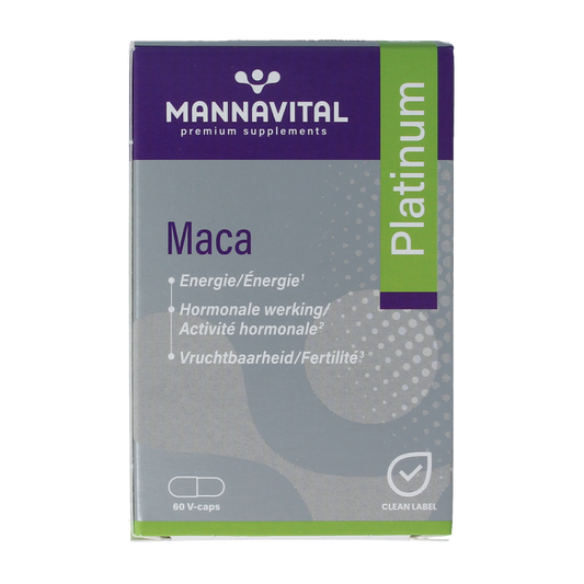 Mannavital Maca Platinum vegetarian capsules, herbal supplement, shown in clear bottle with label, on a white background.
