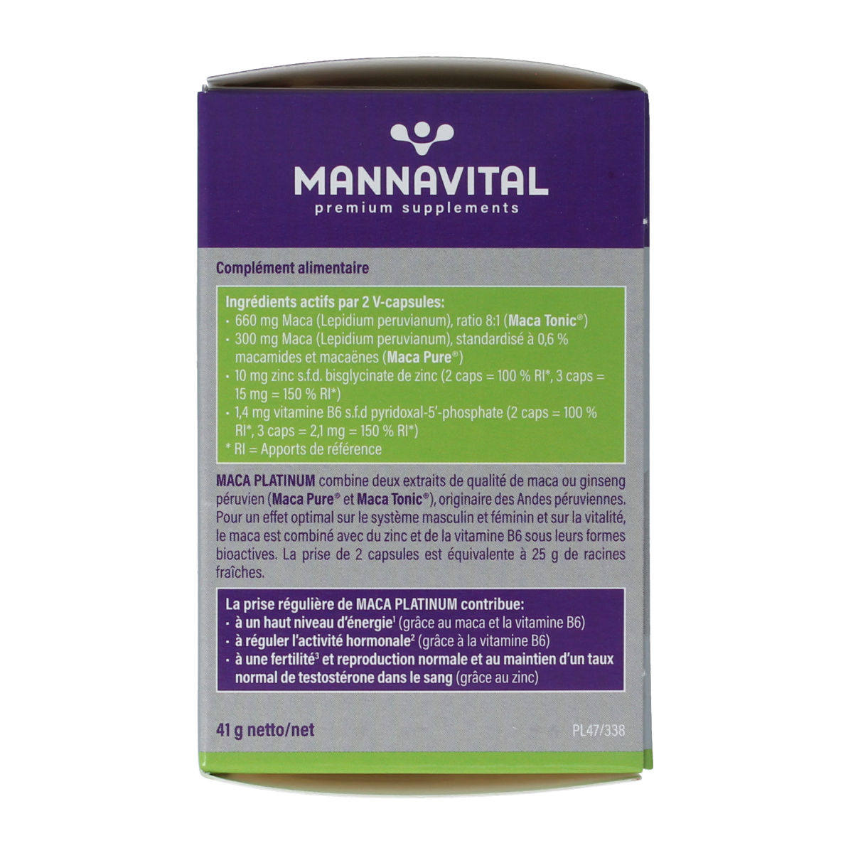 Mannavital Maca Platinum vegetative capsules, herbal supplement in orange container, featuring maca root powder for energy and vitality.