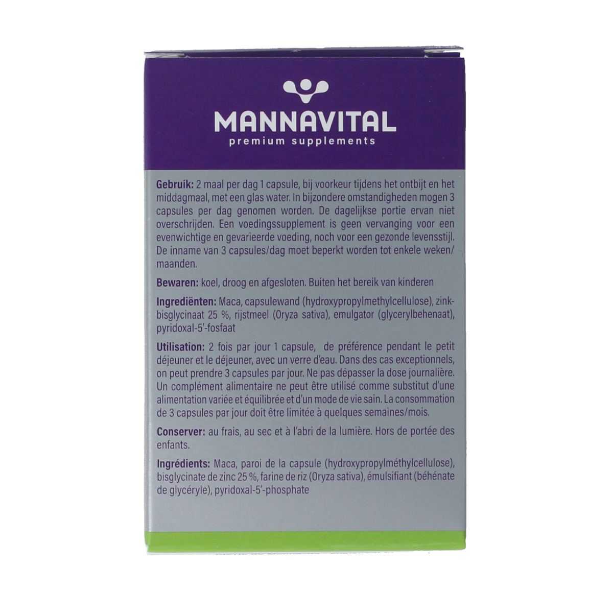 Mannavital Maca Platinum vegetarian capsules, herbal supplement in green and white capsule bottles, displayed against a white background.
