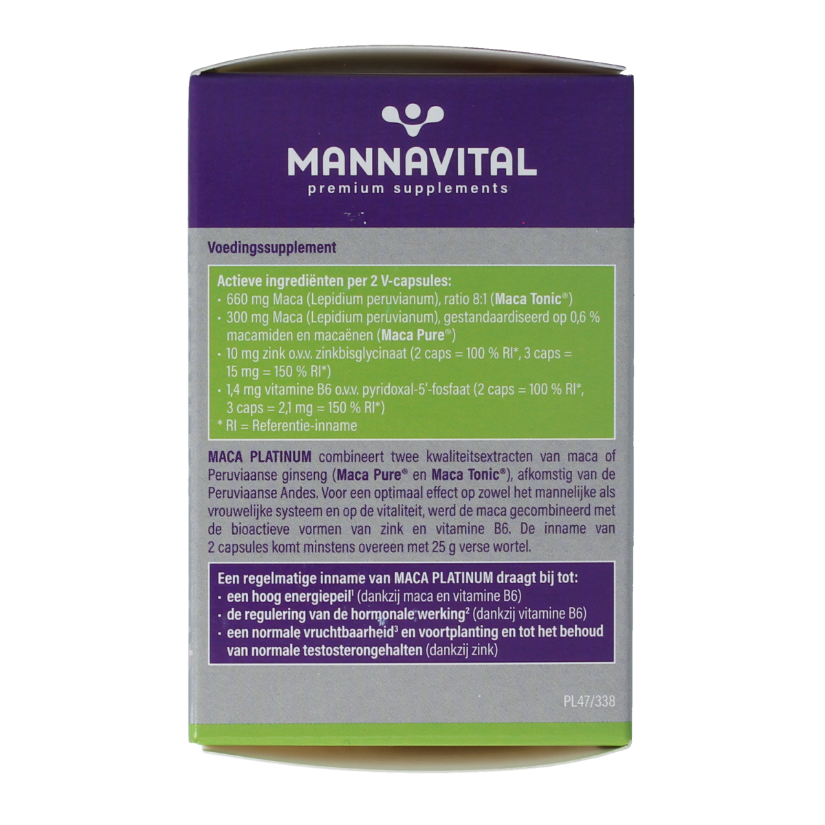 Mannavital Maca Platinum vegetarian capsules, herbal supplement in a clear bottle with white cap, showcasing the product packaging.