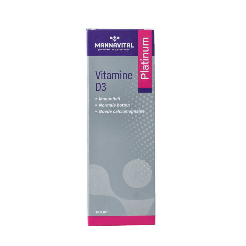 Mannavital Vitamin D3 Platinum bottle, 100ml, with dropper, showing the supplement's packaging and label.