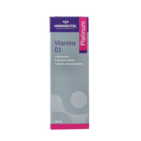 Mannavital Vitamin D3 Platinum bottle, 100ml, with dropper, showing the supplement's packaging and label.