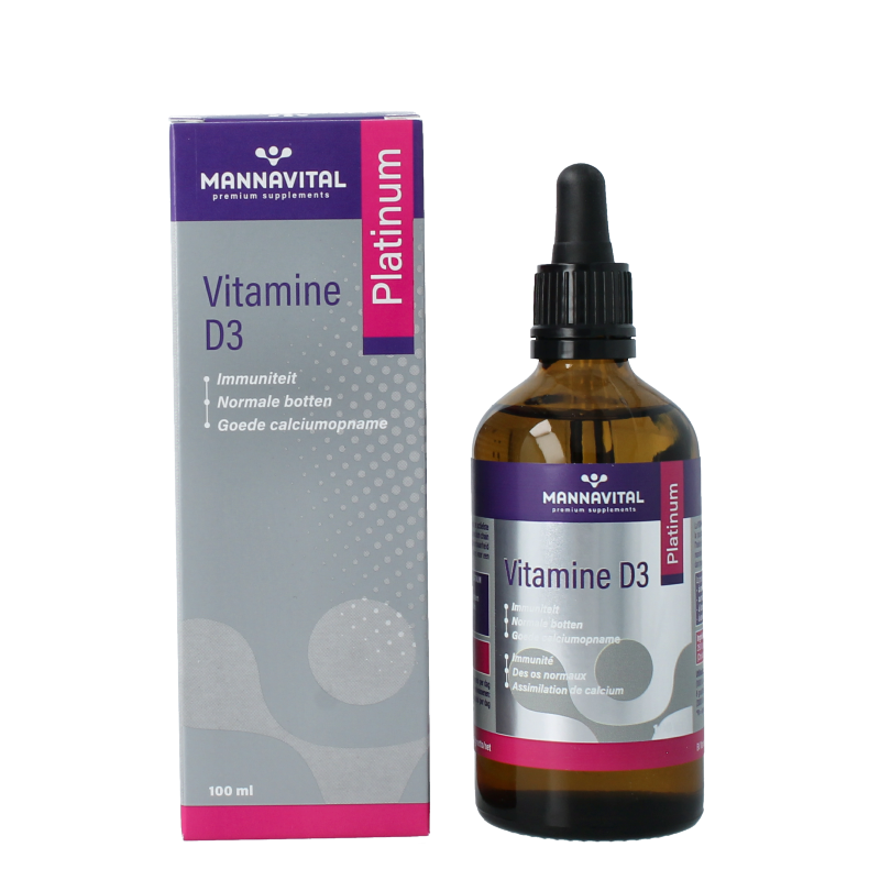 Mannavital Vitamin D3 Platinum bottle, 100ml, natural supplement for supporting bone and immune health.