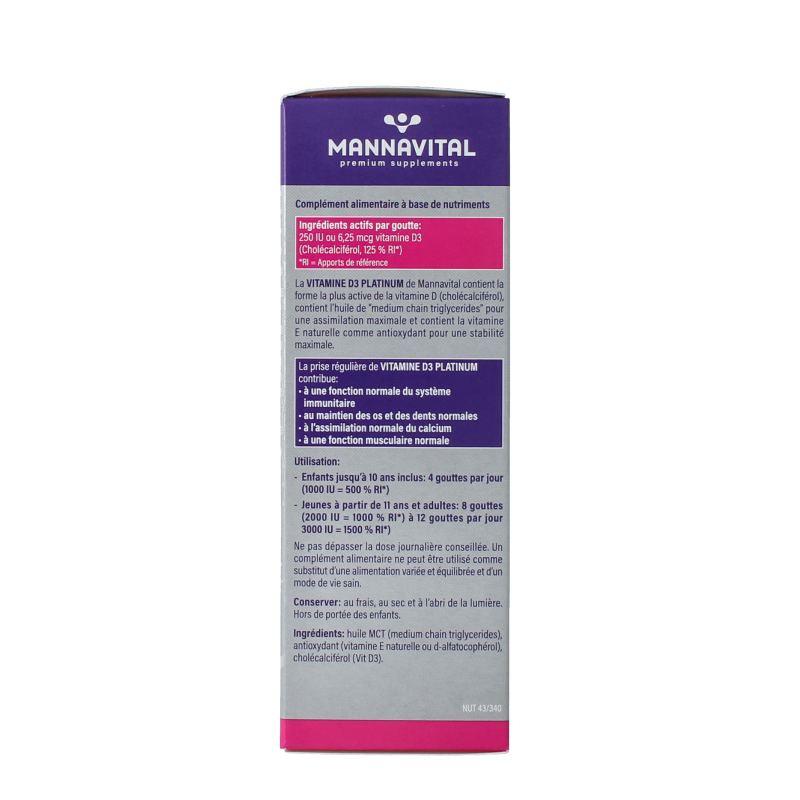 Mannavital Vitamin D3 Platinum liquid supplement in a 100ml bottle, natural vitamin D3 for daily health support.