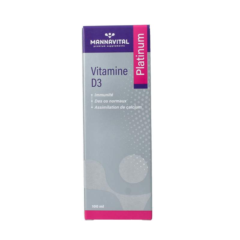 Mannavital Vitamin D3 Platinum bottle, 100ml, natural supplement for bone health and immune support, with clear label on the bottle