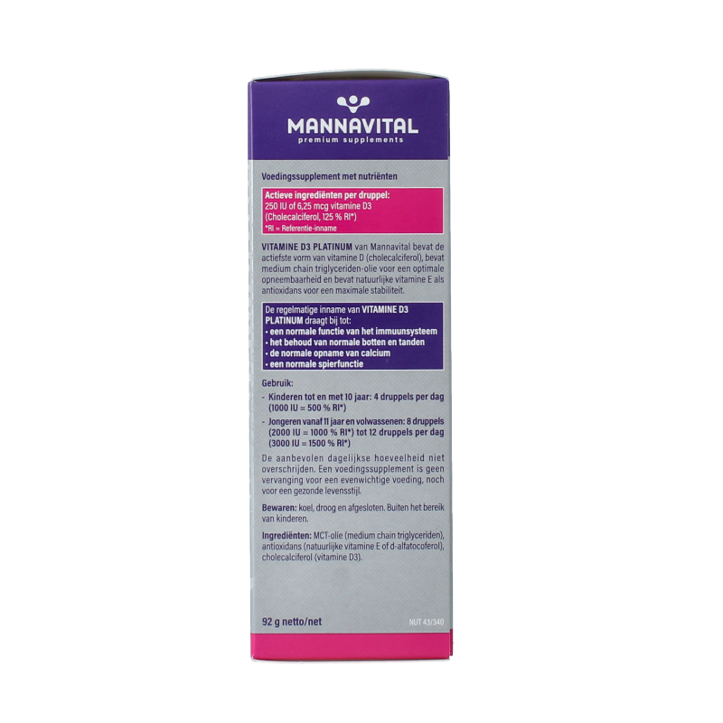 Mannavital Vitamin D3 Platinum bottle, 100ml, supplement for bone health and immune support with natural vitamin D3.