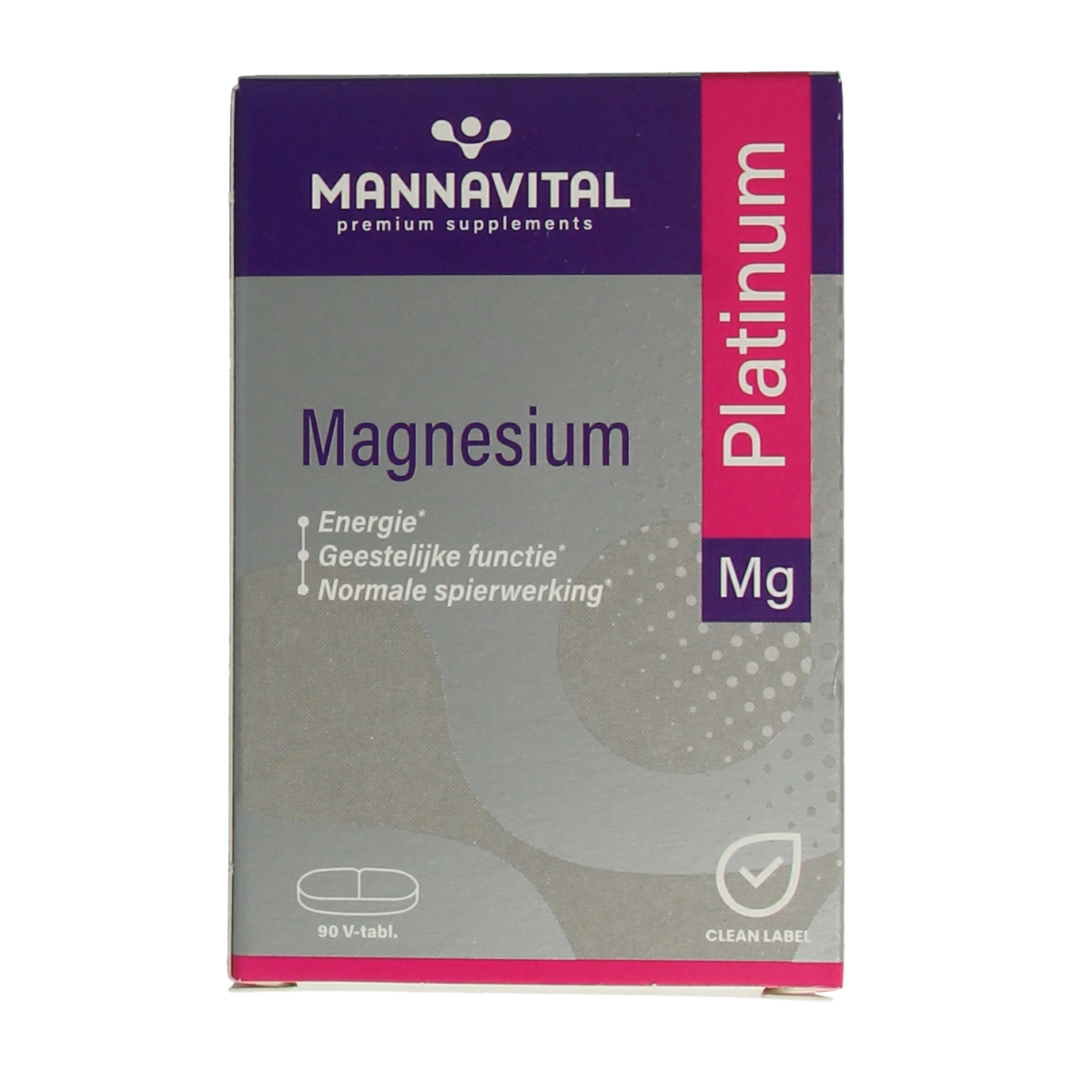 Mannavital Magnesium Platinum mineral supplement in a bottle of 90 tablets, showing the tablets and packaging.