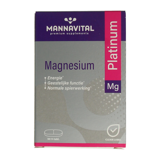 Mannavital Magnesium Platinum mineral supplement in a bottle of 90 tablets, showing the tablets and packaging.