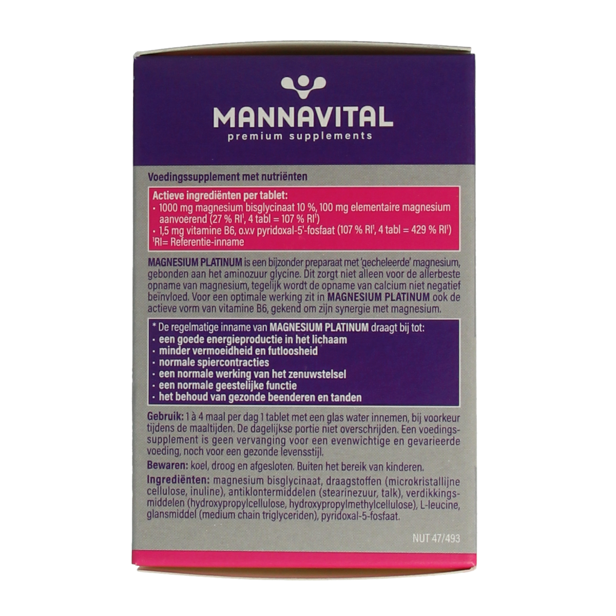 Mannavital Magnesium Platinum mineral supplement tablets, 90-count bottle, showing the tablets and packaging.