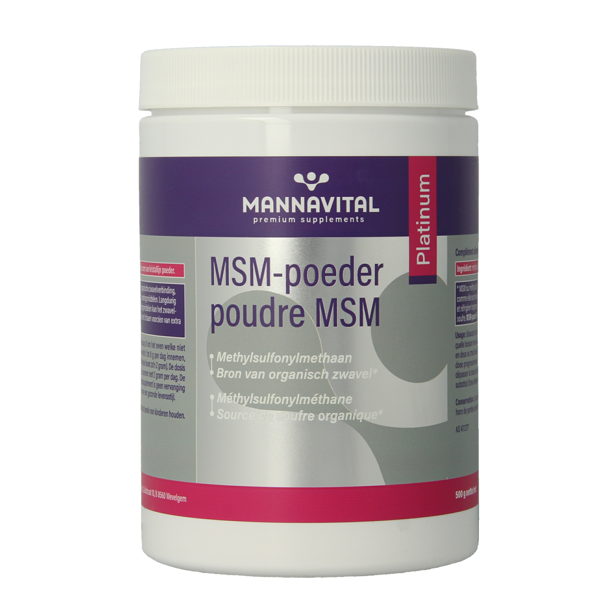 Mannavital MSM mineral powder in platinum packaging, showing a 500g container of supplement powder with label details.