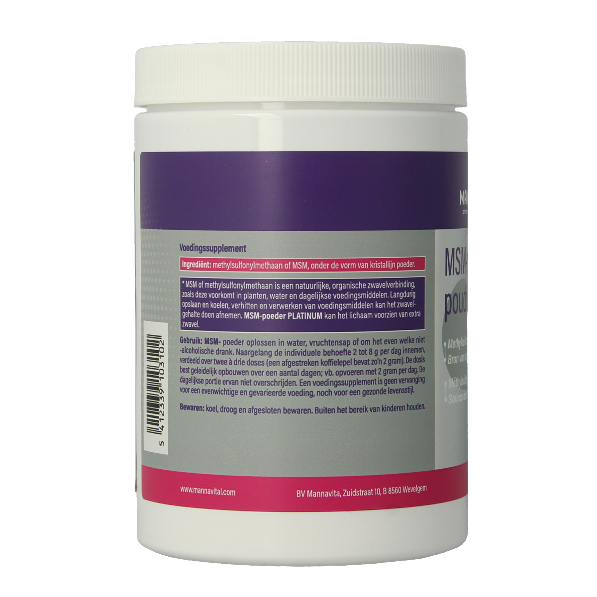 Mannavital MSM mineral powder in platinum packaging, 500 grams, showing the product and label for dietary supplement purposes.