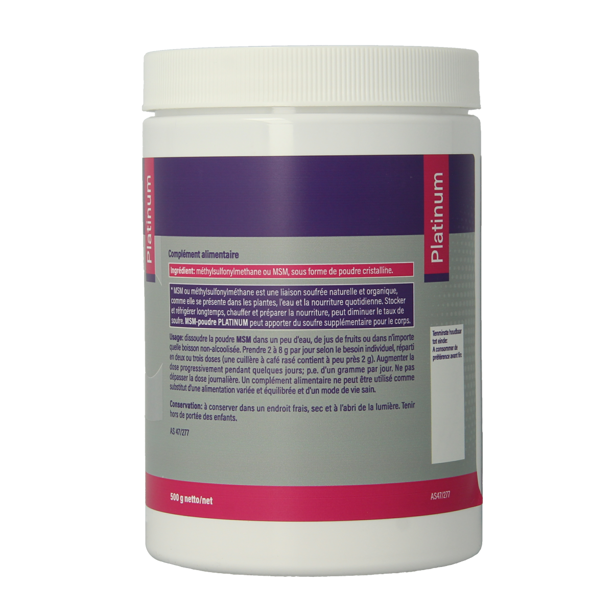 Mannavital MSM mineral powder in a 500g platinum package, showing the white powder inside a clear container.