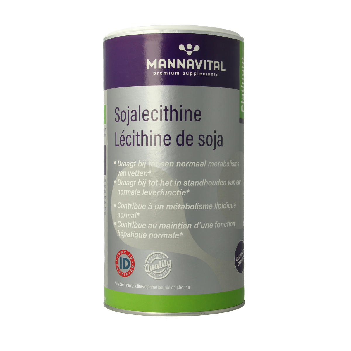Mannavital Soja Lecithine Granulaat, 500g, showing a container of soy lecithin granules in a natural setting