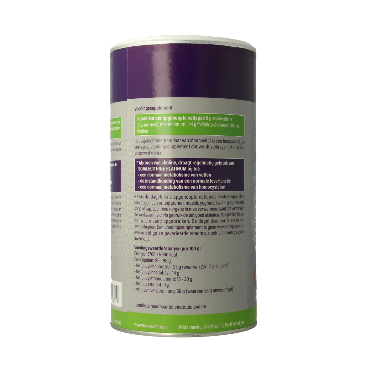Mannavital soja lecithine granulaat in a 500g container, a herbal supplement for health and wellness.