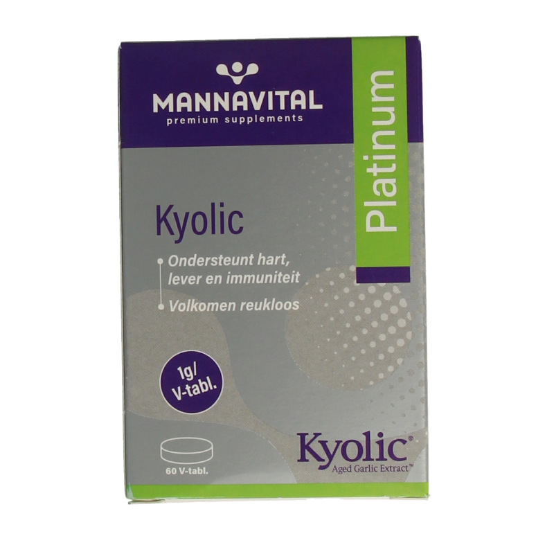 Mannavital Kyolic Platinum herbal supplement in a bottle of 60 tablets, natural herbal preparation by Mannavital.