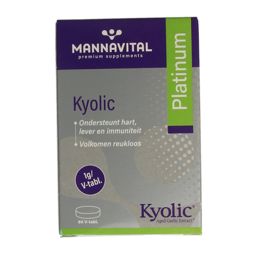 Mannavital Kyolic Platinum herbal supplement in a bottle of 60 tablets, natural herbal preparation by Mannavital.