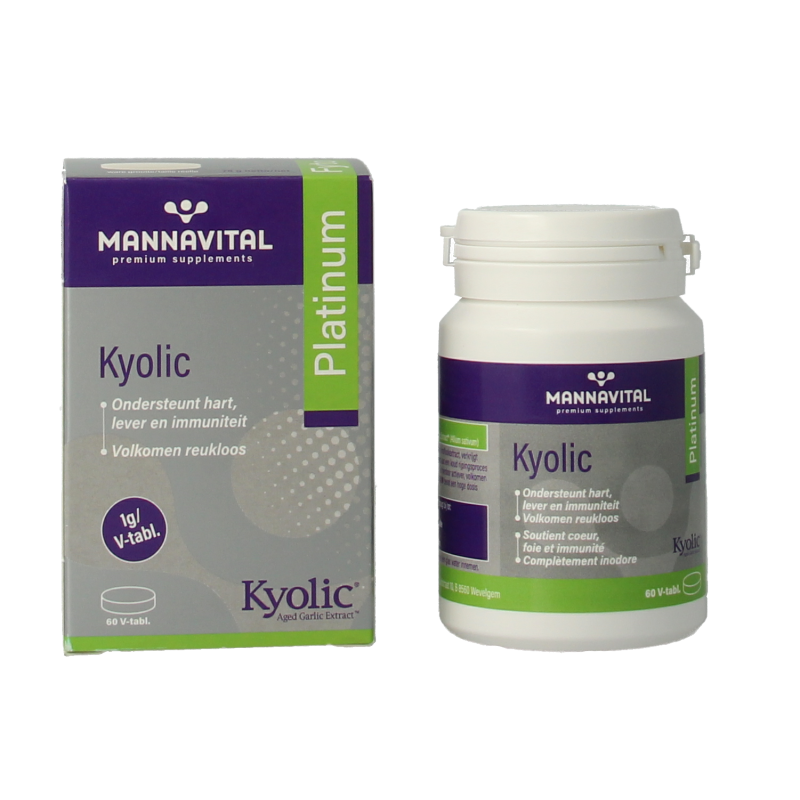 Mannavital Kyolic Platinum herbal supplement in a bottle of 60 tablets, part of Mannavital's herbal product range.